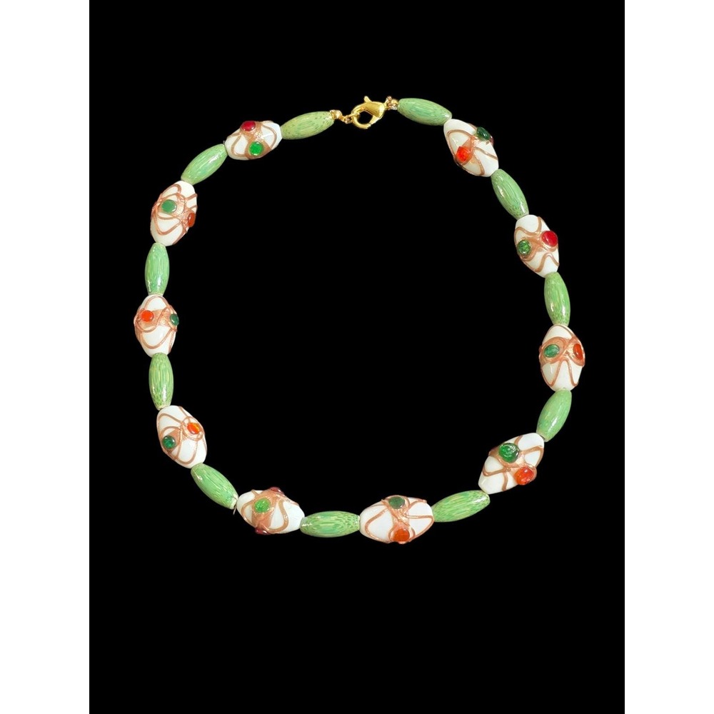 Vintage Art Glass Fiorato Wedding Cake Bead Necklace Green White Copper Swirl